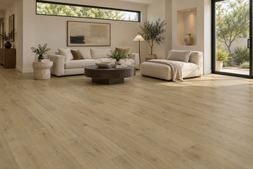 Ceaser Waterproof SPC Vinyl Plank Flooring — TFSPC127p-F — daytime living room. AI interior visualization based on original supplier finish photos.