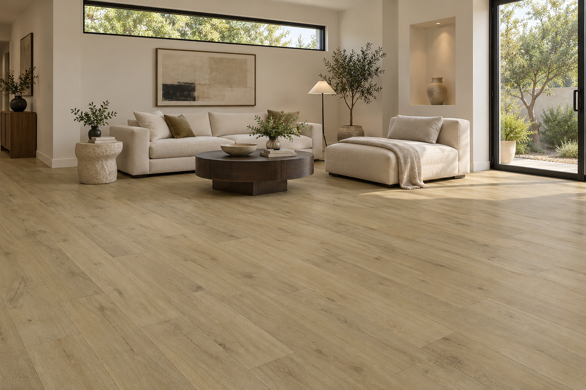 Ceaser Waterproof SPC Vinyl Plank Flooring — TFSPC127p-F — daytime living room. AI interior visualization based on original supplier finish photos.
