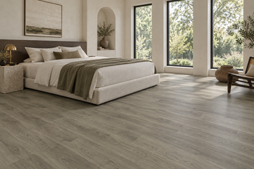 Congo Light Grey Waterproof SPC Vinyl Plank Flooring — TFSPC253-F — daytime bedroom. AI interior visualization based on original supplier finish photos.