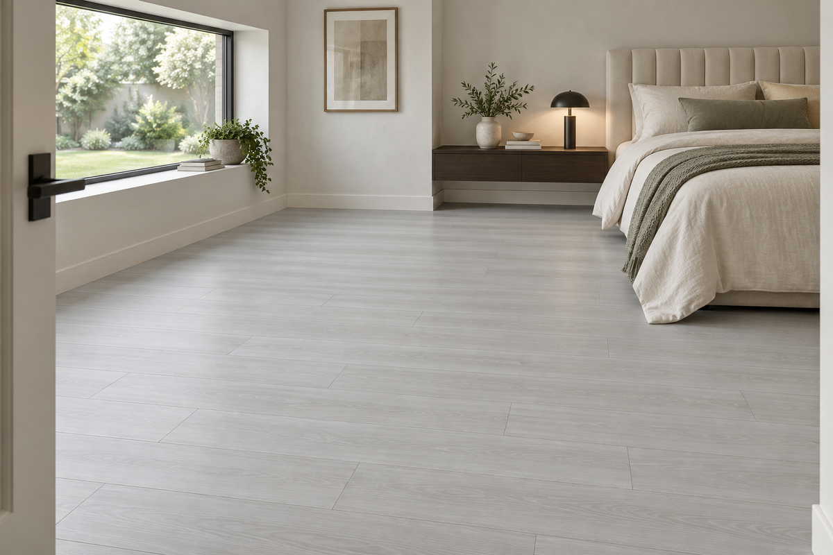 Cornsilk Light Grey Waterproof SPC Vinyl Plank Flooring — TFSPC265-F — daytime bedroom. AI interior visualization based on original supplier finish photos.