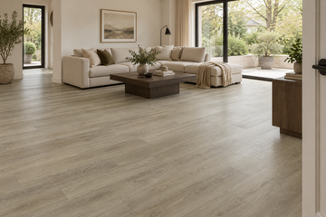 Dentine Waterproof SPC Vinyl Plank Flooring — TFSPC126p-F — daytime living room. AI interior visualization based on original supplier finish photos.