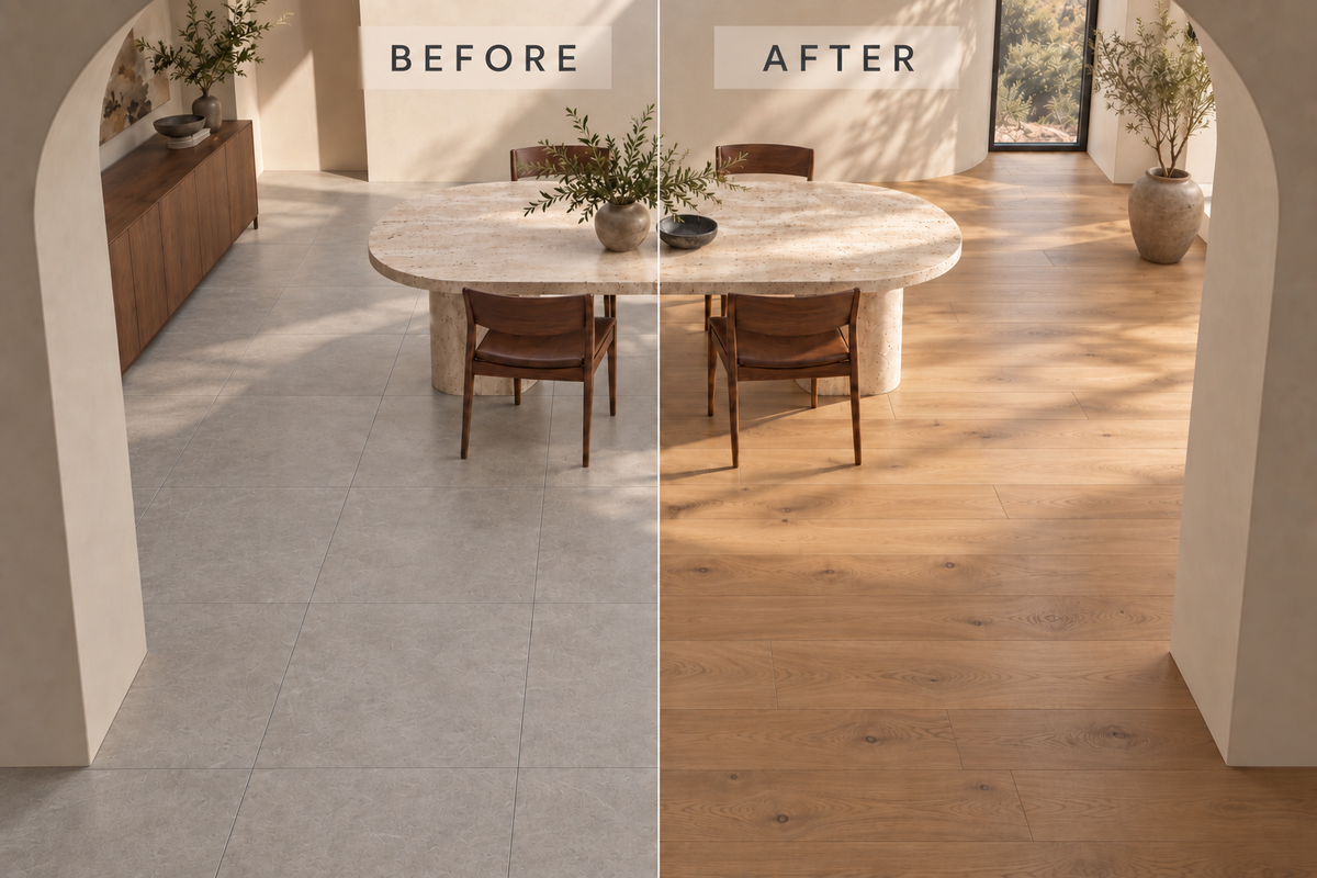 AI illustration of the same dining room before with grey tiles and after with warm oak flooring.