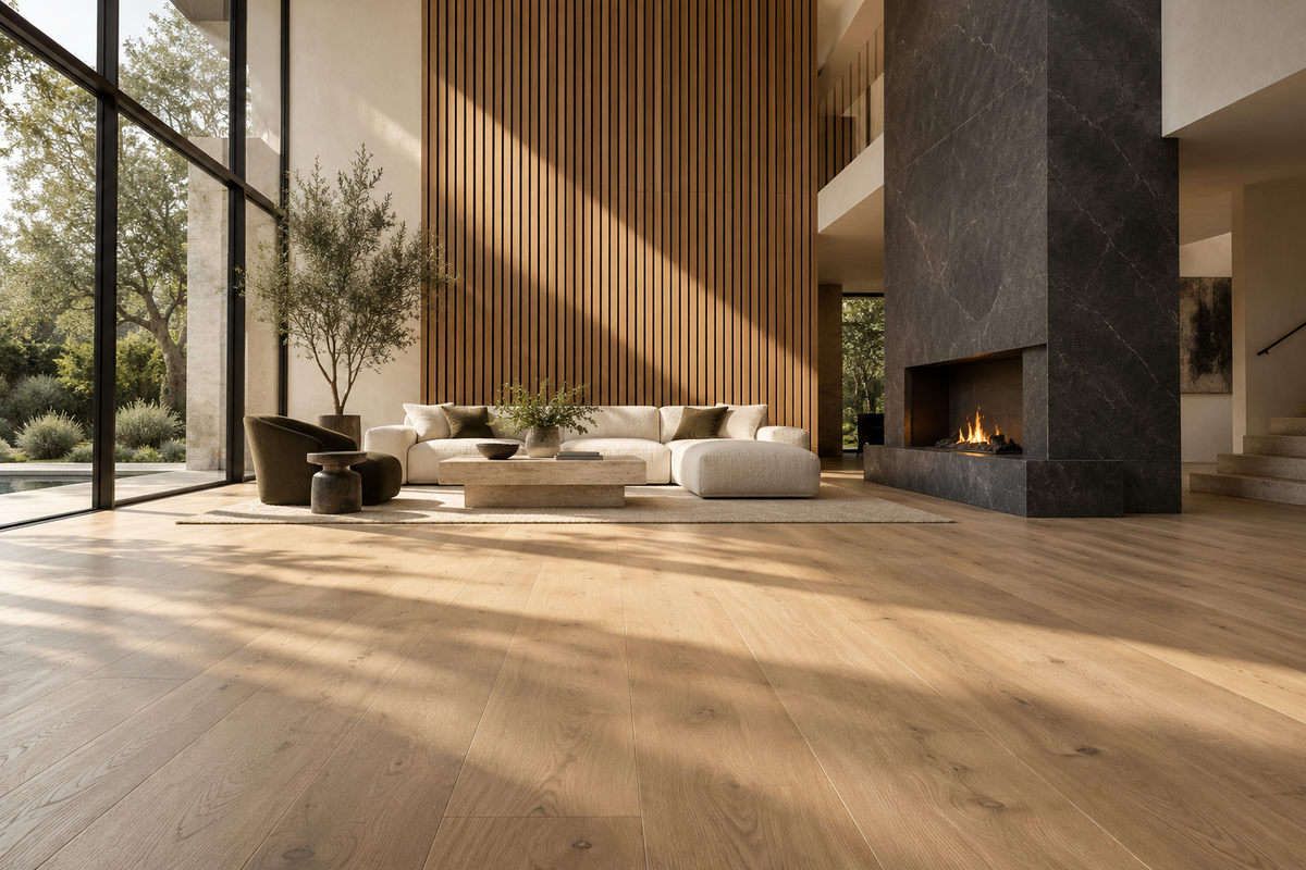 Dramatic modern living room with natural oak flooring, tall wood slat wall and dark stone fireplace.