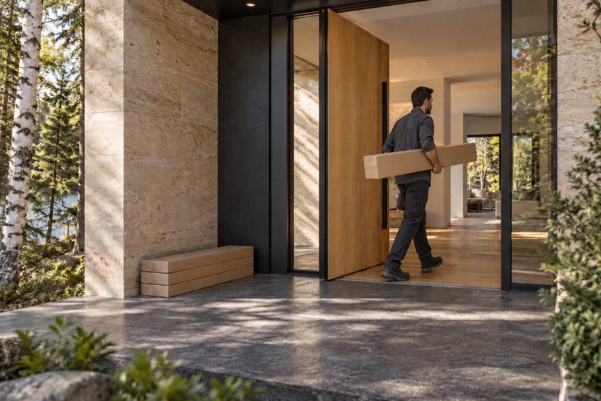 Delivery worker carrying a flooring carton into a modern woodland home.