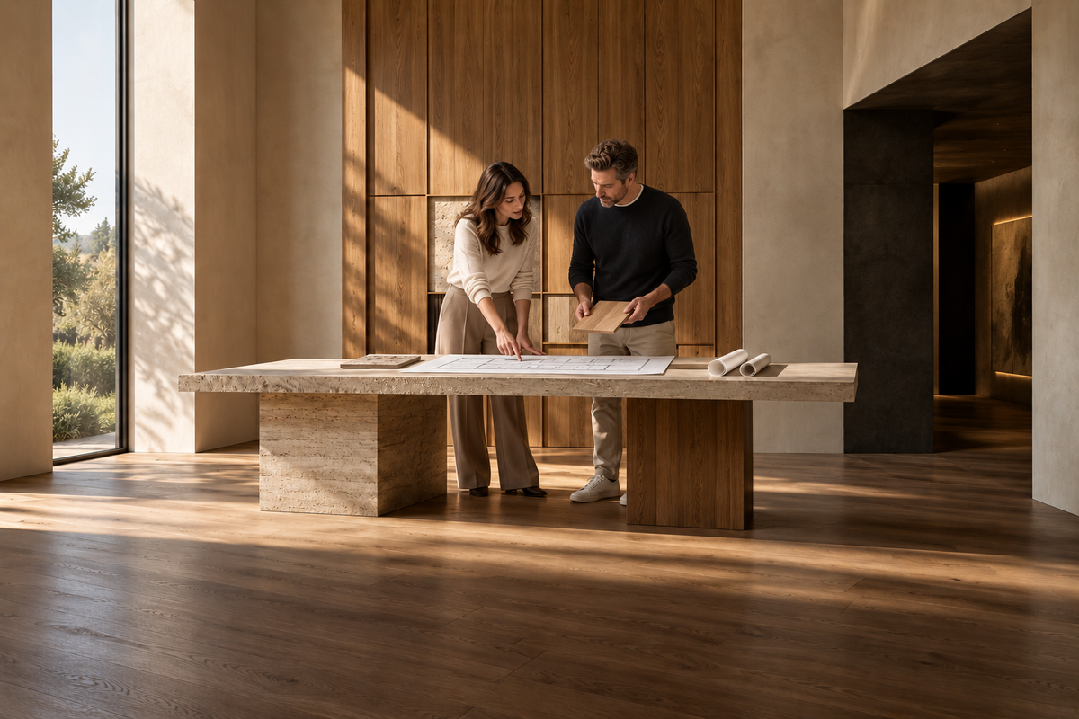 Two people reviewing architectural plans and wood finishes at a stone table.