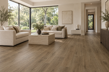 Milk Chocolate Brown Waterproof SPC Vinyl Plank Flooring — TFSPC121p-F — daytime living room. AI interior visualization based on original supplier finish photos.
