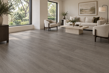Mink Dark Brown Waterproof SPC Vinyl Plank Flooring — TFSPC261-F — daytime living room. AI interior visualization based on original supplier finish photos.