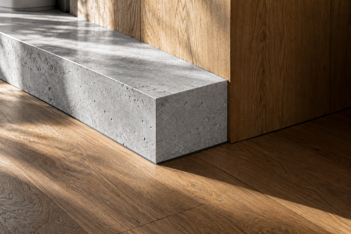 Neutral grey limestone detail beside natural oak wall panels and flooring, with architectural sunlight and shadows.