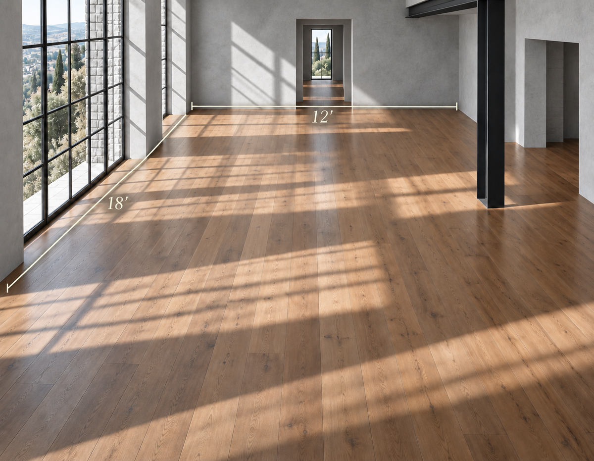 Oak-floored architectural room with neutral grey walls and illustrative 12-foot and 18-foot measurements.