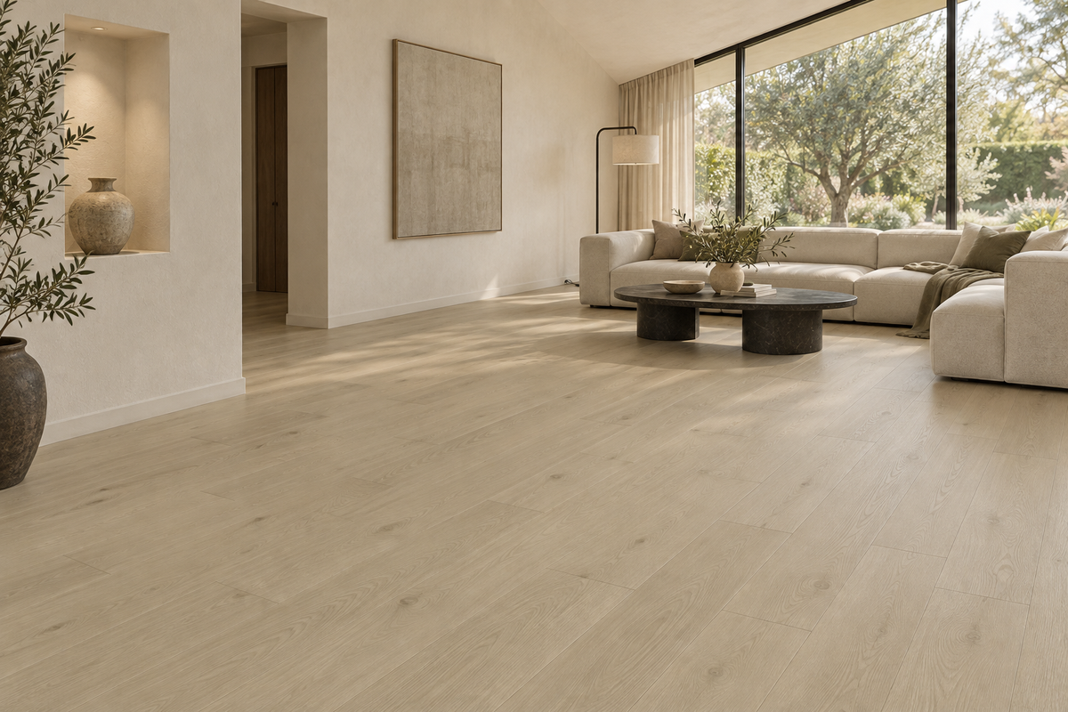 Oyster Engineered Hardwood Flooring — TCN101 — daytime living room. AI interior visualization based on original supplier finish photos.