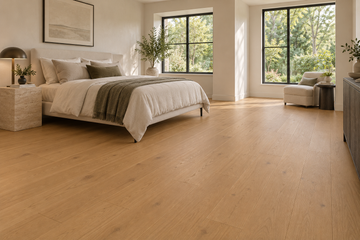 Woodland Engineered Hardwood Flooring — TCN104 — daytime bedroom. AI interior visualization based on original supplier finish photos.
