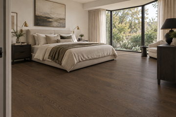 Shadow Engineered Hardwood Flooring — TCN106 — daytime bedroom. AI interior visualization based on original supplier finish photos.