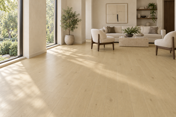 Silk Engineered Hardwood Flooring — TCN201 — daytime living room. AI interior visualization based on original supplier finish photos.