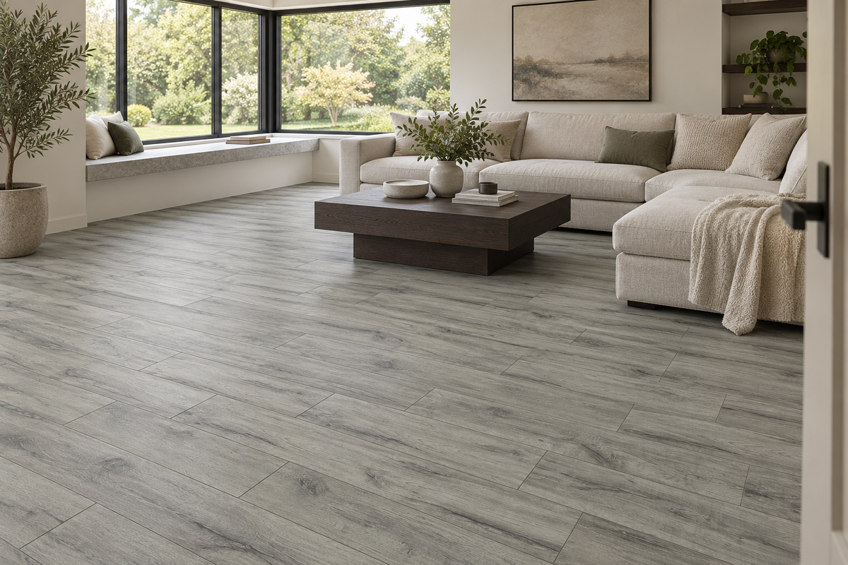 Aria Laminate Flooring — TF6008-F — daytime living room. AI interior visualization based on original supplier finish photos.