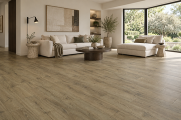 Brownstone Laminate Flooring — TF6010-F — daytime living room. AI interior visualization based on original supplier finish photos.