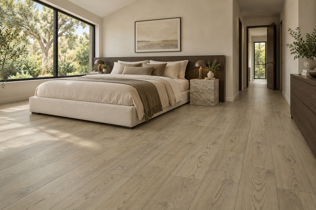 Machiato Laminate Flooring — TF6206-F — daytime bedroom. AI interior visualization based on original supplier finish photos.