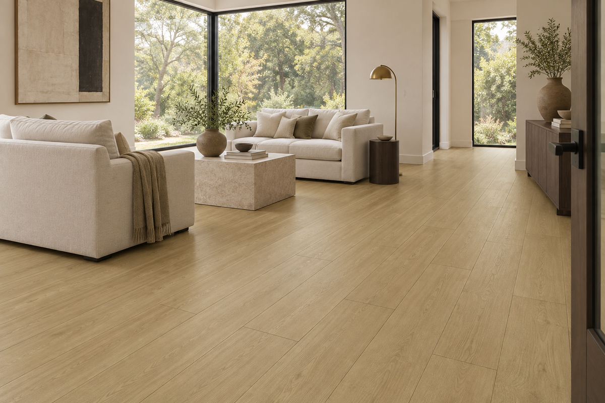 Sunlight Laminate Flooring — TF6210-F — daytime living room. AI interior visualization based on original supplier finish photos.