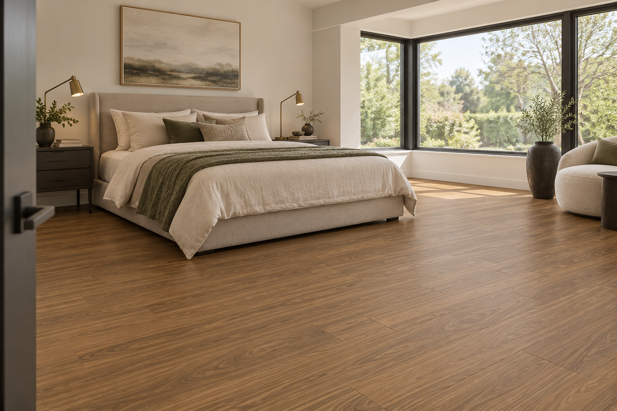 Santas Rosa Laminate Flooring — TF6602-F — daytime bedroom. AI interior visualization based on original supplier finish photos.