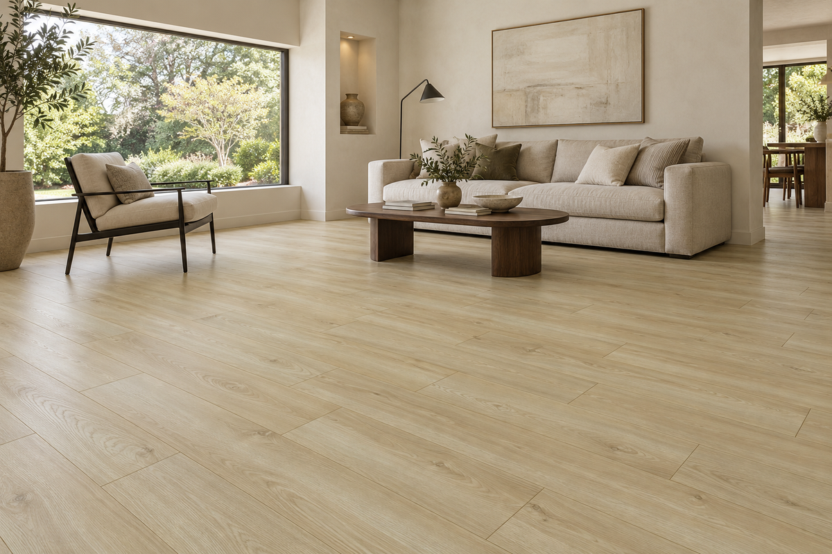 Edgewood Laminate Flooring — TF6607-F — daytime living room. AI interior visualization based on original supplier finish photos.