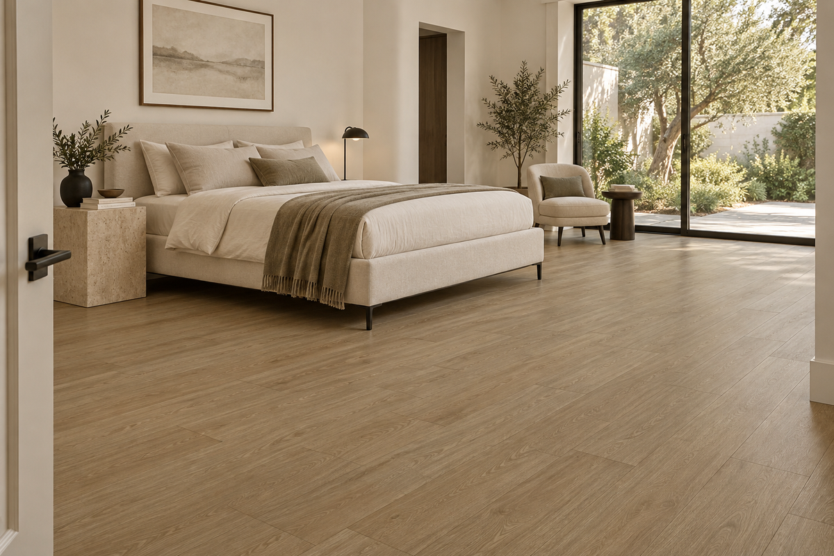 Gila Laminate Flooring — TF6610-F — daytime bedroom. AI interior visualization based on original supplier finish photos.