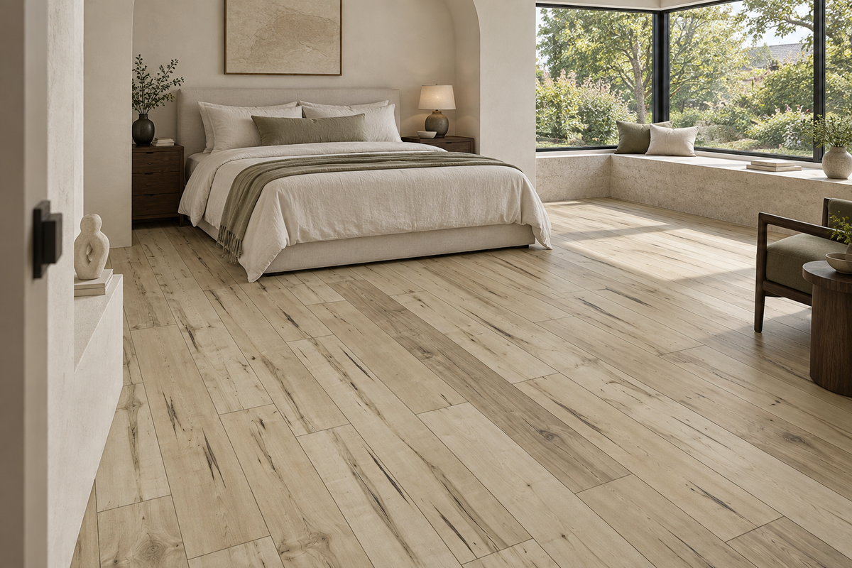 Advanced Nature Laminate Flooring — TF7007-F — daytime bedroom. AI interior visualization based on original supplier finish photos.