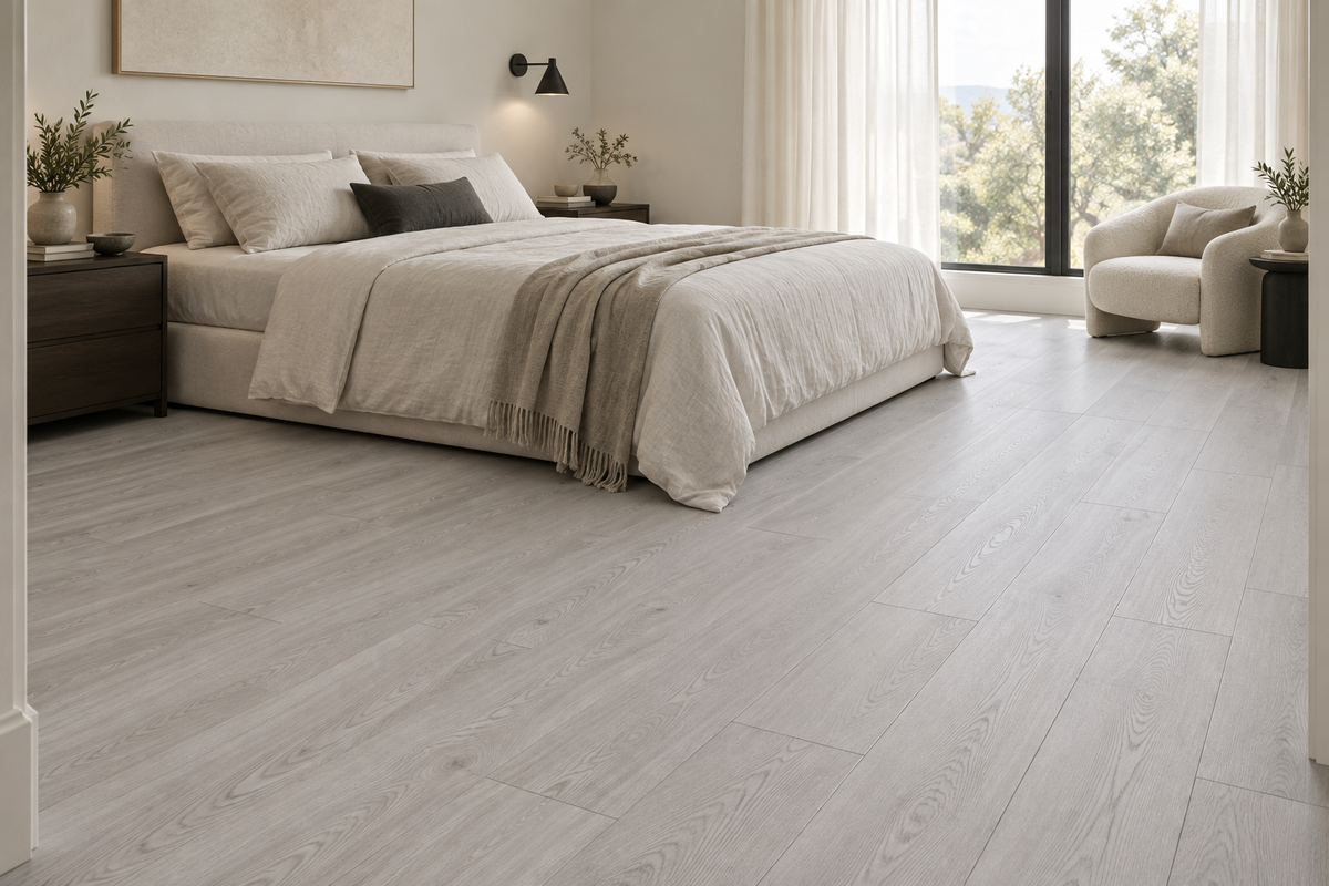 Alabaster TF8011 — daytime bedroom. AI interior visualization based on original supplier finish photos.