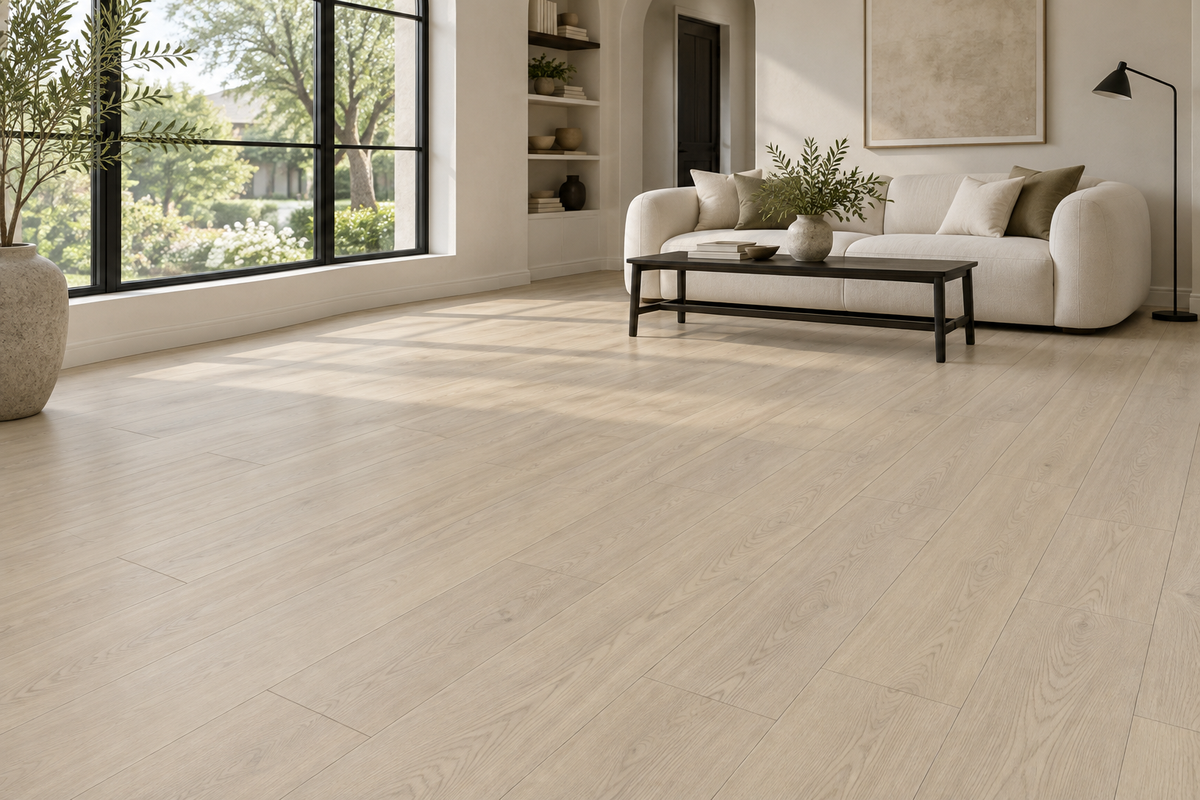 Canvas Laminate Flooring — TF8012 — daytime living room. AI interior visualization based on original supplier finish photos.