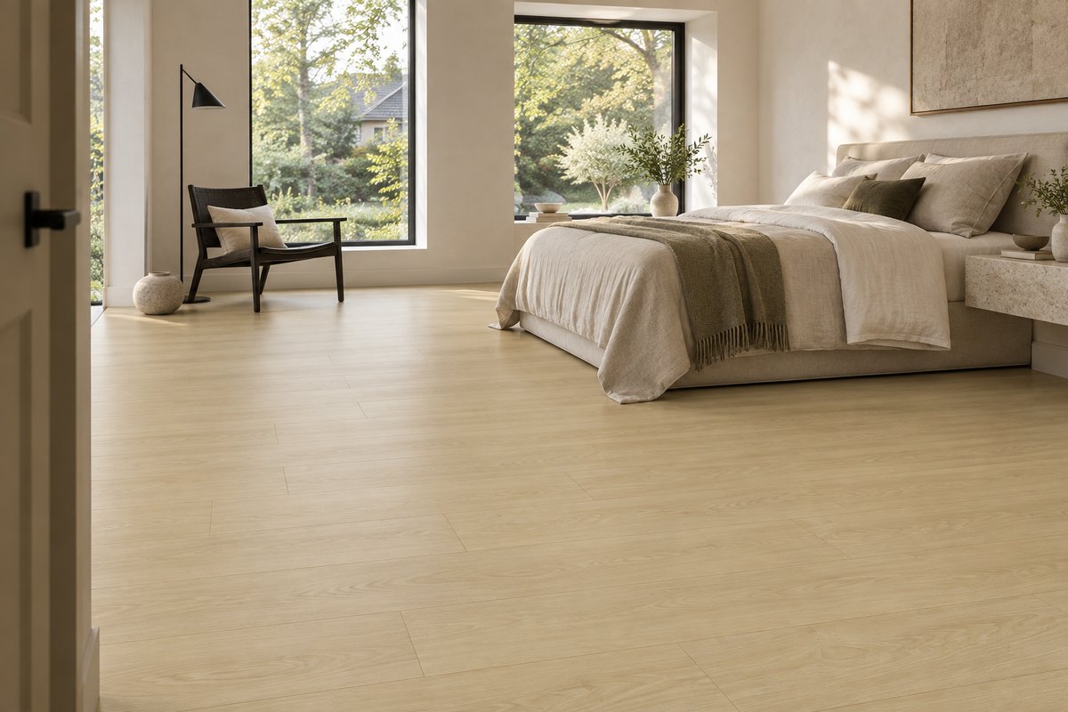 Caribou Laminate Flooring — TF8303-F — daytime bedroom. AI interior visualization based on original supplier finish photos.