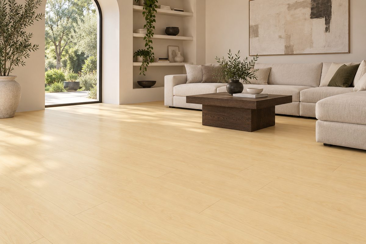 Pika Laminate Flooring — TF8304-F — daytime living room. AI interior visualization based on original supplier finish photos.