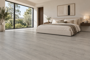 Otter Laminate Flooring — TF8305-F — daytime bedroom. AI interior visualization based on original supplier finish photos.