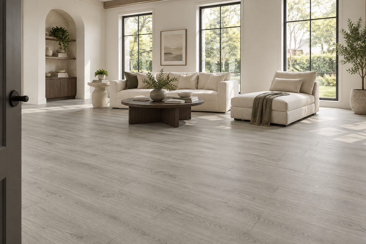 Otter Laminate Flooring — TF8305-F — daytime living room. AI interior visualization based on original supplier finish photos.