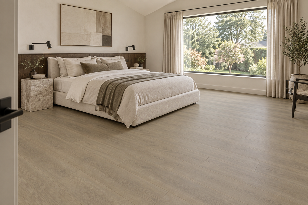 Canadian goose Laminate Flooring — TF8306-F — daytime bedroom. AI interior visualization based on original supplier finish photos.