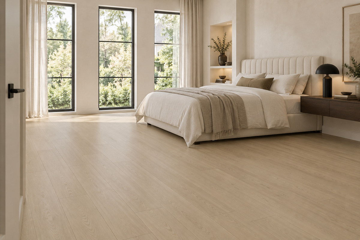 Chipmunk Laminate Flooring — TF8311-F — daytime bedroom. AI interior visualization based on original supplier finish photos.