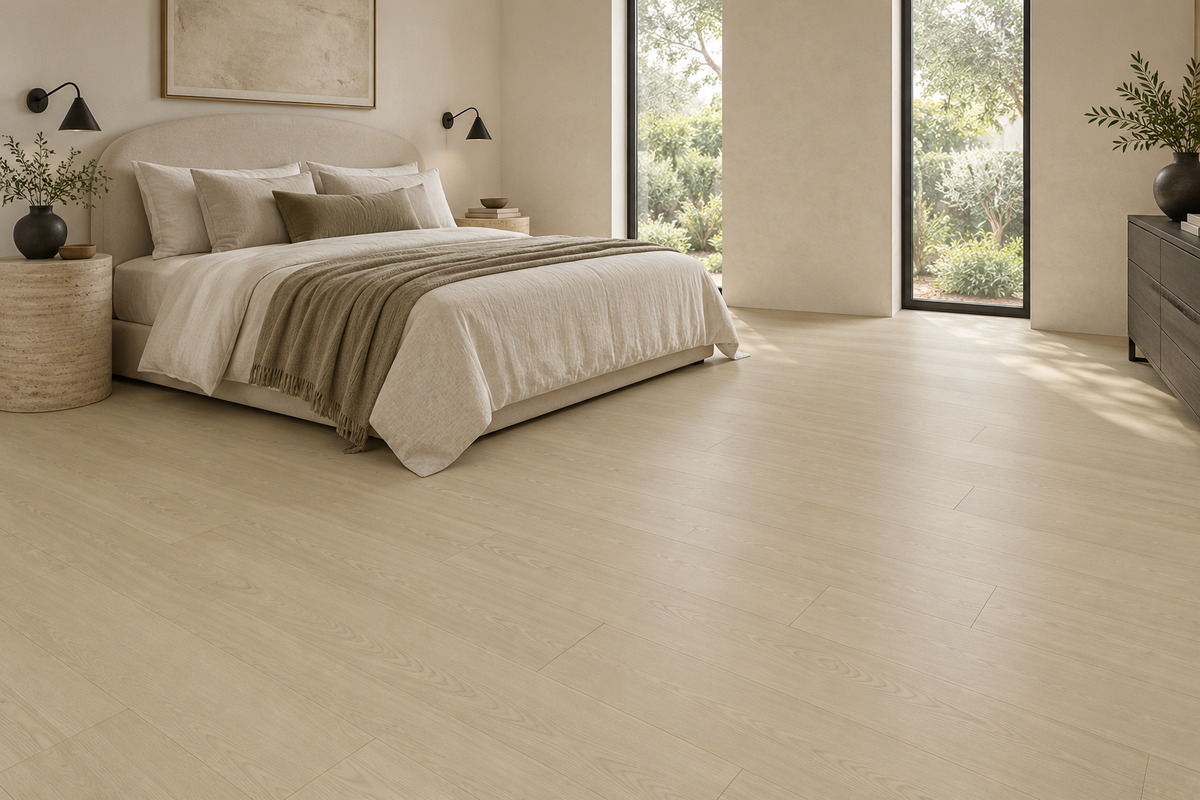 Lynx Laminate Flooring — TF8312-F — daytime bedroom. AI interior visualization based on original supplier finish photos.