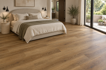 Moda SPC Vinyl Flooring — TFCET1005-F — daytime bedroom. AI interior visualization based on original supplier finish photos.