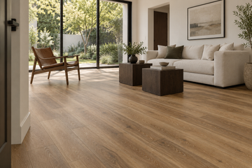 Moda SPC Vinyl Flooring — TFCET1005-F — daytime living room. AI interior visualization based on original supplier finish photos.