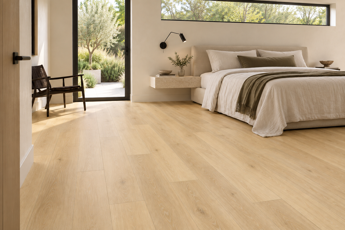 Altura SPC Vinyl Flooring — TFCET1006-F — daytime bedroom. AI interior visualization based on original supplier finish photos.