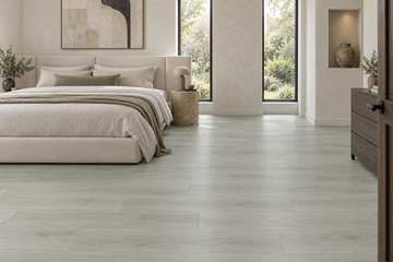 Ascend SPC Vinyl Flooring — TFCET1010-F — daytime bedroom. AI interior visualization based on original supplier finish photos.