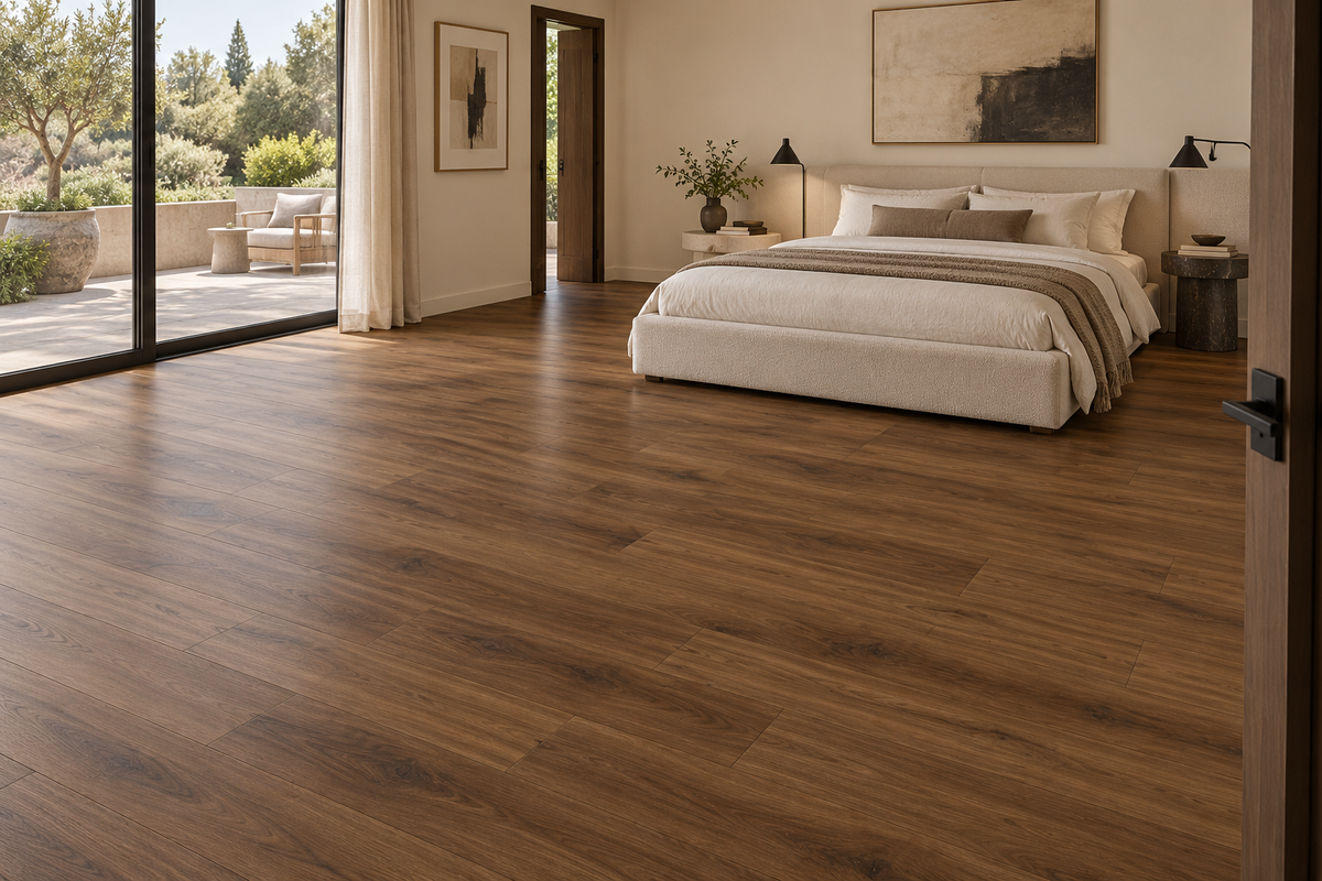 Toucan TFGD 201 Glue-Down Vinyl Flooring — TFGD 201 — daytime bedroom. AI interior visualization based on original supplier finish photos.