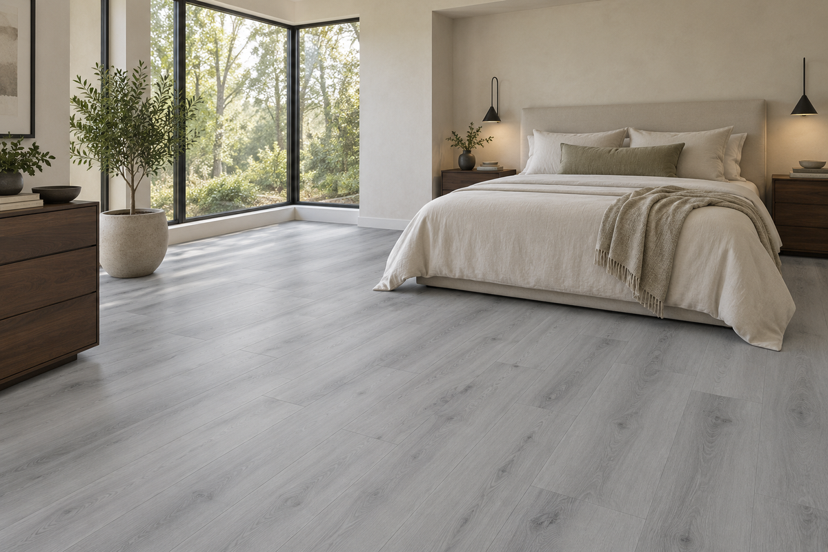 Toucan TFGD 210 Glue-Down Vinyl Flooring — TFGD 210 — daytime bedroom. AI interior visualization based on original supplier finish photos.