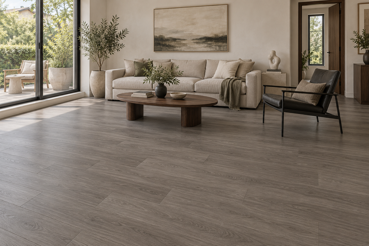 Chestnut Canyon Loose Lay Vinyl Flooring — TFL622 — daytime living room. AI interior visualization based on original supplier finish photos.