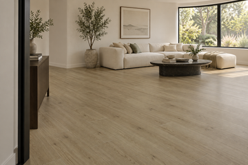 Whistler Pine Loose Lay Vinyl Flooring — TFL625 — daytime living room. AI interior visualization based on original supplier finish photos.