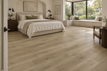Prairie Wheat Loose Lay Vinyl Flooring — TFL626 — daytime bedroom. AI interior visualization based on original supplier finish photos.