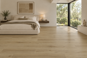 Honey Birch Loose Lay Vinyl Flooring — TFL627 — daytime bedroom. AI interior visualization based on original supplier finish photos.