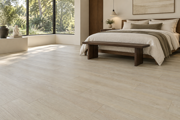 Barley SPC Vinyl Flooring — TFSPC263-F — daytime bedroom. AI interior visualization based on original supplier finish photos.