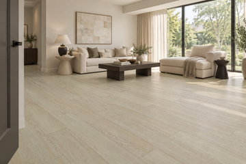 Barley SPC Vinyl Flooring — TFSPC263-F — daytime living room. AI interior visualization based on original supplier finish photos.