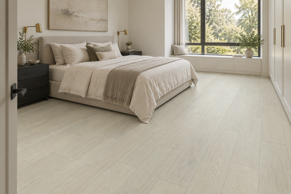 Fennel SPC Vinyl Flooring — TFSPC264-F — daytime bedroom. AI interior visualization based on original supplier finish photos.