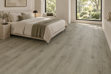 Concrete SPC Vinyl Flooring — TFSPC306-F — daytime bedroom. AI interior visualization based on original supplier finish photos.