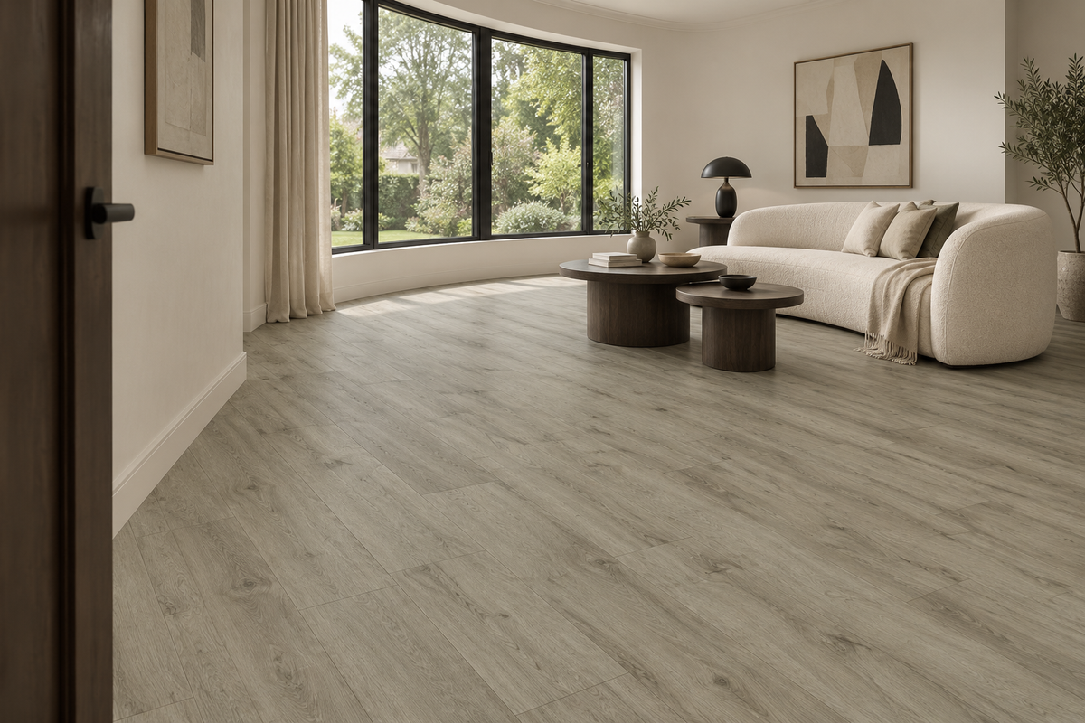 Concrete SPC Vinyl Flooring — TFSPC306-F — daytime living room. AI interior visualization based on original supplier finish photos.