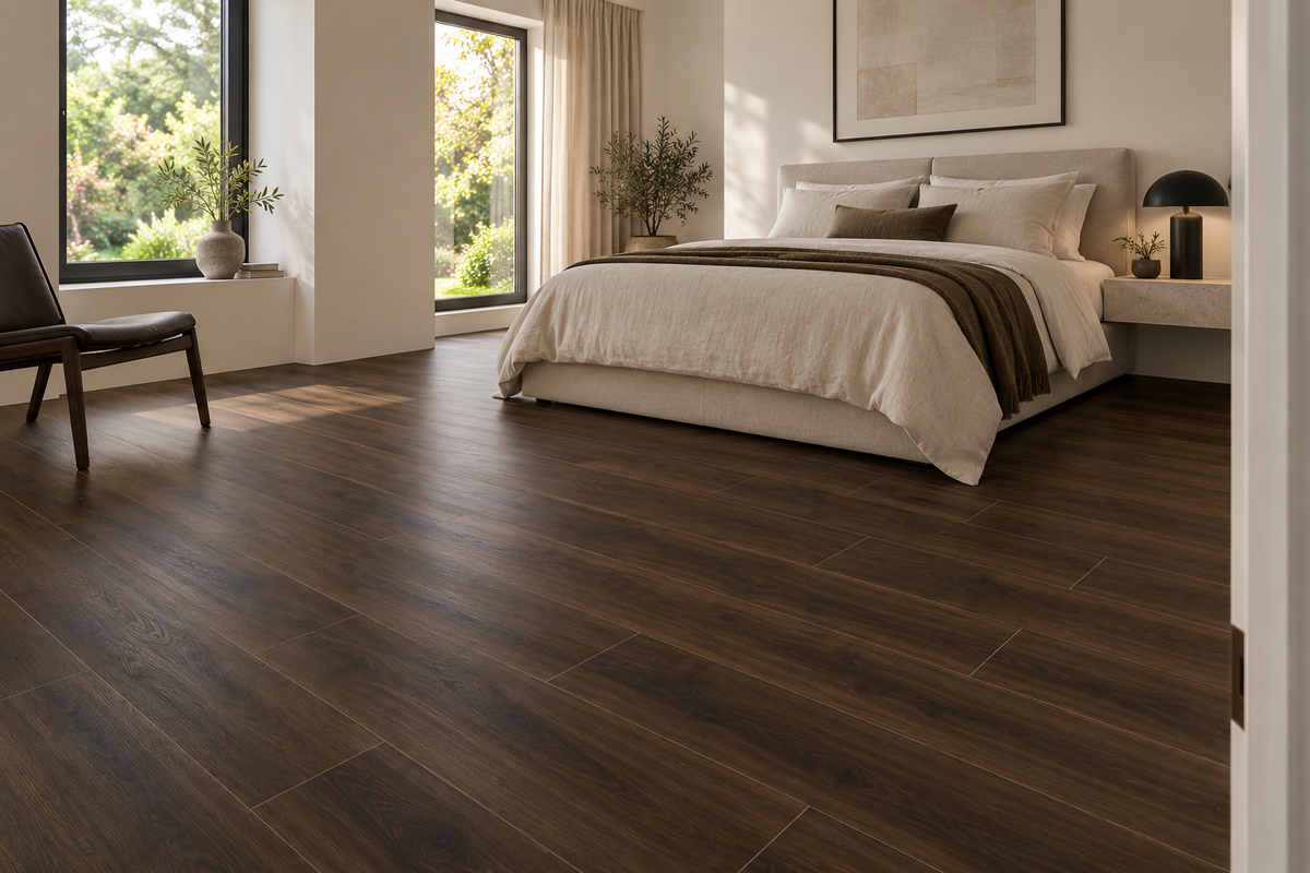 Coffee Date SPC Vinyl Flooring — TFSPC501-F — daytime bedroom. AI interior visualization based on original supplier finish photos.